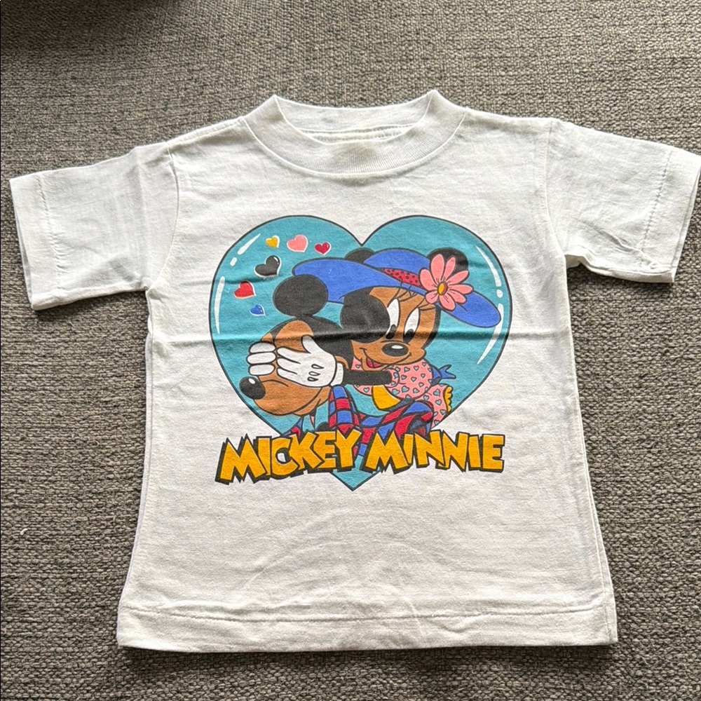 Vintage Disney Mickey & Minnie Heart Graphic Kids Tee - White